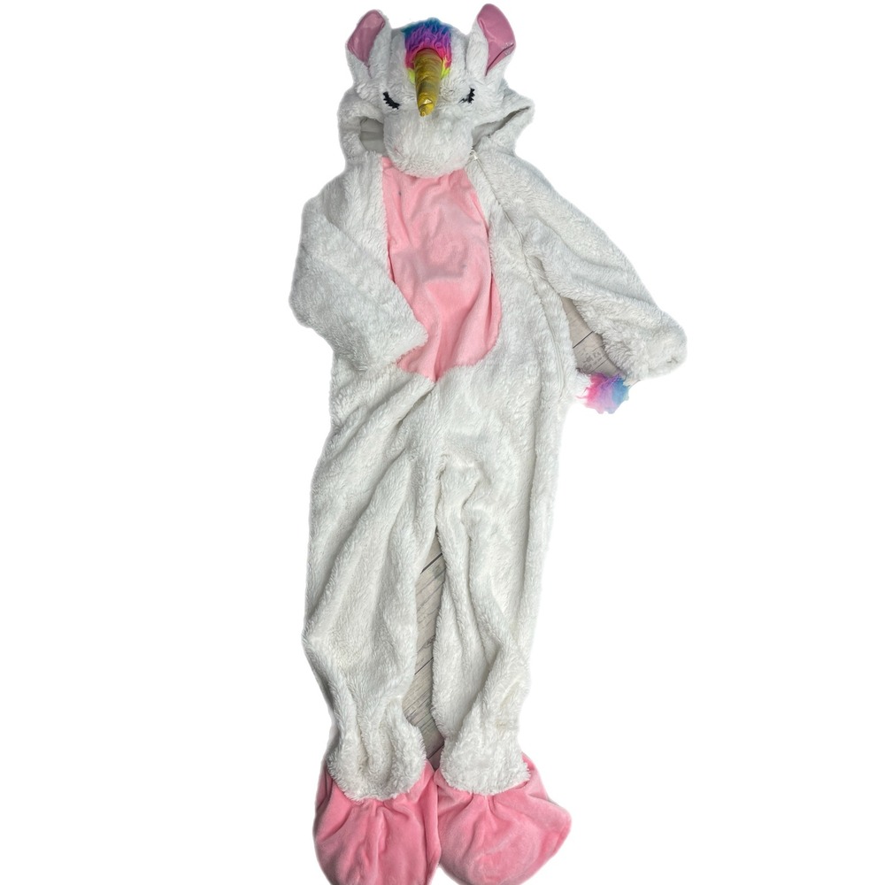 Kids White Unicorn Halloween Costume Plush Sleeper Pajama Hooded One Piece sz 6